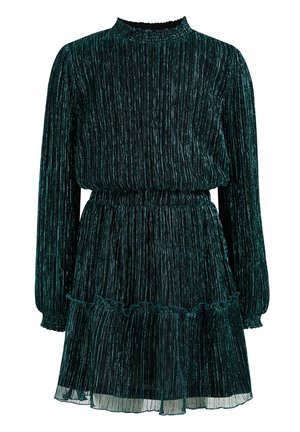 Dunkelgrünes plissiertes Langarmkleid mit Glanz, geraffter Taille, Rüschendetail über transparentem ausgestelltem Rock und hohem Ausschnitt.