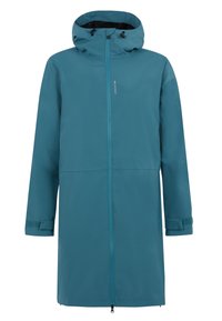Tyrkysový nepremokavý kabát s kapucňou, celoprepínacím zipsom, nastaviteľnými manžetami, kontrastnou látkou na spodnom leme a vnútornej podšívke, a detailom loga.