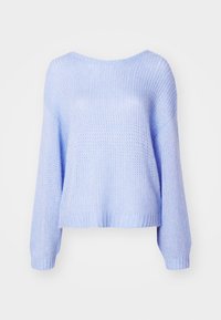 Ljusblått stickat tröja med en lös passform, bred halsringning och långa ärmar. Har ett strukturerat mönster och ribbade ärmslut och nederkant.