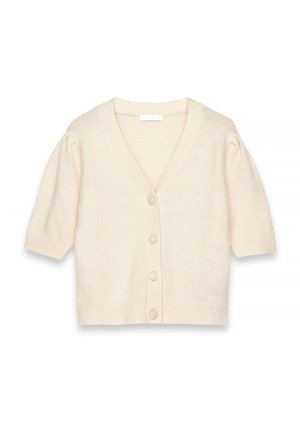 Cremfarbener Kurzarm-Cardigan mit V-Ausschnitt, der ein strukturiertes Strickmuster und fünf passende Knöpfe auf der Vorderseite aufweist.