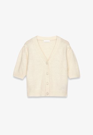 Cremfarbener Kurzarm-Cardigan mit V-Ausschnitt, der ein strukturiertes Strickmuster und fünf passende Knöpfe auf der Vorderseite aufweist.