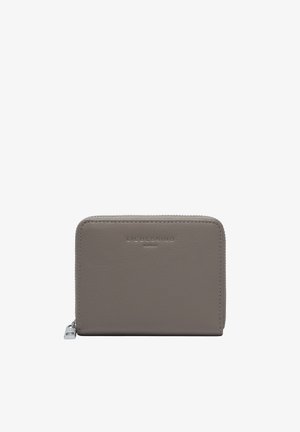 Gray leather wallet with zipper closure and embossed "Liebeskind Berlin" logo on front center.