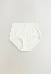 Sous-vêtements féminins blancs taille haute avec bords festonnés et petit nœud décoratif au centre de la ceinture avant.