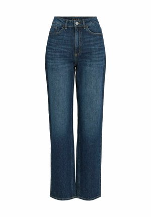 Mörkblå högmidjade jeans med vid bendesign, tillverkade av jeansliknande material, med framfickor och knäppning med dragkedja.
