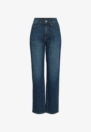 Jean taille haute bleu foncé, design à jambes larges, en denim, avec poches avant et fermeture boutonnée avec zip.