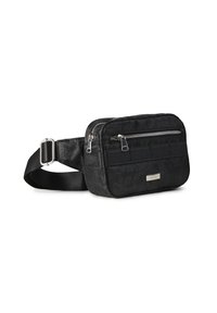 Borsa a tracolla in tessuto nero con texture floreale, presenta una tasca con zip frontale, tracolla regolabile e una placca logo in metallo argentato.
