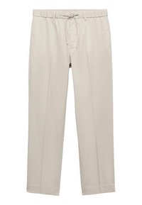 Light beige trousers made of smooth fabric with an elastic waistband and adjustable drawstring. Features straight legs and no visible patterns.
