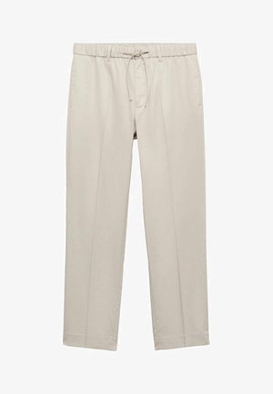 Pantaloni color beige chiaro realizzati in tessuto liscio con vita elasticizzata e cordino regolabile. Caratterizzati da gambe dritte e nessun motivo visibile.