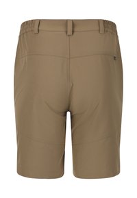 Beige shortsit, joissa on joustava vyötärönauha, litteät saumat ja sileä pinta. Ei näkyviä taskuja tai koristuksia.