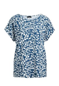 Kurzärmliges Oberteil in Marineblau und Weiß mit einem blätterartigen Muster. Hergestellt aus weichem Stoff, mit Rundhalsausschnitt und lässiger Passform.