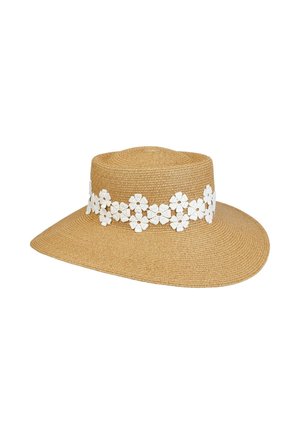 Breitkrempiger Strohhut in Naturfarbe mit weißem Blumenband um die Krone, geeignet zum Sonnenschutz.