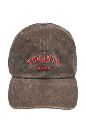 Casquette de baseball marron avec un texte brodé rouge "Toronto Canada" à l'avant.