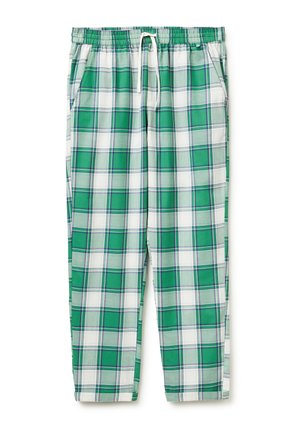 Grün-weiß karierte Freizeithose mit elastischem Bund und weißem Kordelzug, mit Seitentaschen.
