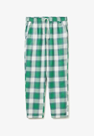 Grün-weiß karierte Freizeithose mit elastischem Bund und weißem Kordelzug, mit Seitentaschen.