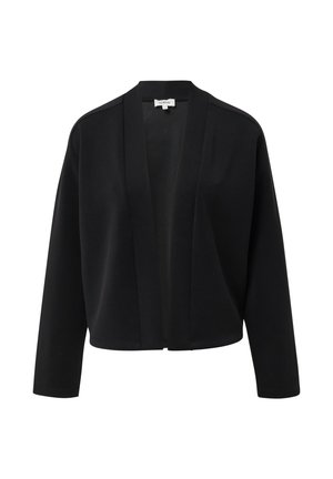 Cardigan noir court avec une texture douce, un design à l'avant ouvert et des manches larges. Sans boutons ni fermetures éclair ; minimaliste et polyvalent.