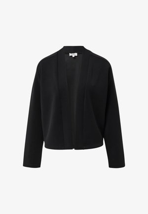 Schwarze, kurz geschnittene Strickjacke mit weichem Material, offener Vorderseite und weiten Ärmeln. Keine Knöpfe oder Reißverschlüsse; minimalistisch und vielseitig.