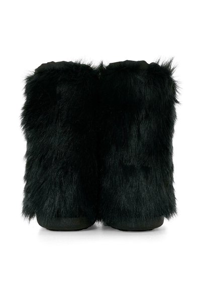 Bottines en fausse fourrure noires avec une texture épaisse et duveteuse et une semelle noire lisse. Construction solide avec un design simple et sans embellissement.