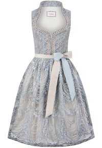 Blaues und silbernes Kleid mit floralem Spitzenmuster, ärmelloses Design, tiefer Ausschnitt und Taillenknoten aus einem helleren Blau.