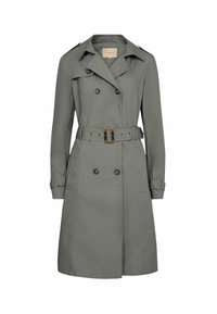 Grauer doppelt geknöpfter Trenchcoat mit breitem Kragen, tailliertem Gürtel, geknöpften Manschetten und Schulterklappen, knielange Ausführung.