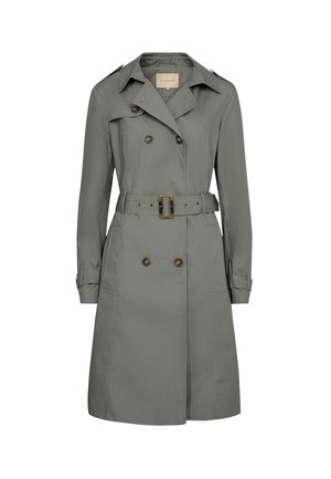 Szürke, dupla soros ballonkabát széles gallérral, öves derékkal, gombos mandzsettákkal és vállpántokkal, térdig érő fazon.