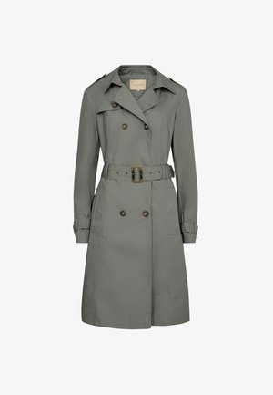 Trenci dublu gri cu guler larg, talie cu curea, manșete cu nasturi și epoleți pe umeri, cu design până la genunchi.