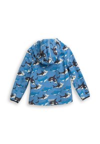 Niebieska, wodoodporna kurtka z wzorem różnych zwierząt morskich, w tym wielorybów i rekinów. Posiada kaptur i elastyczne mankiety.