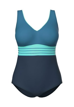 Eendelig badpak in donkerblauw met een lichtere blauwe V-hals top en horizontale strepen rond de taille voor contrast.
