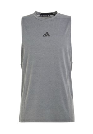 Gray sleeveless athletic top made of a smooth, lightweight material. Features a rounded neckline and a black logo at the center front.