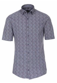 Košile s krátkým rukávem z modré bavlny s barevným květinovým vzorem, zapínání na knoflíky a špičatý límec.