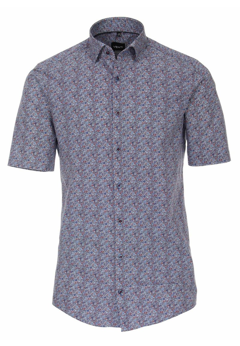 Košile s krátkým rukávem z modré bavlny s barevným květinovým vzorem, zapínání na knoflíky a špičatý límec.