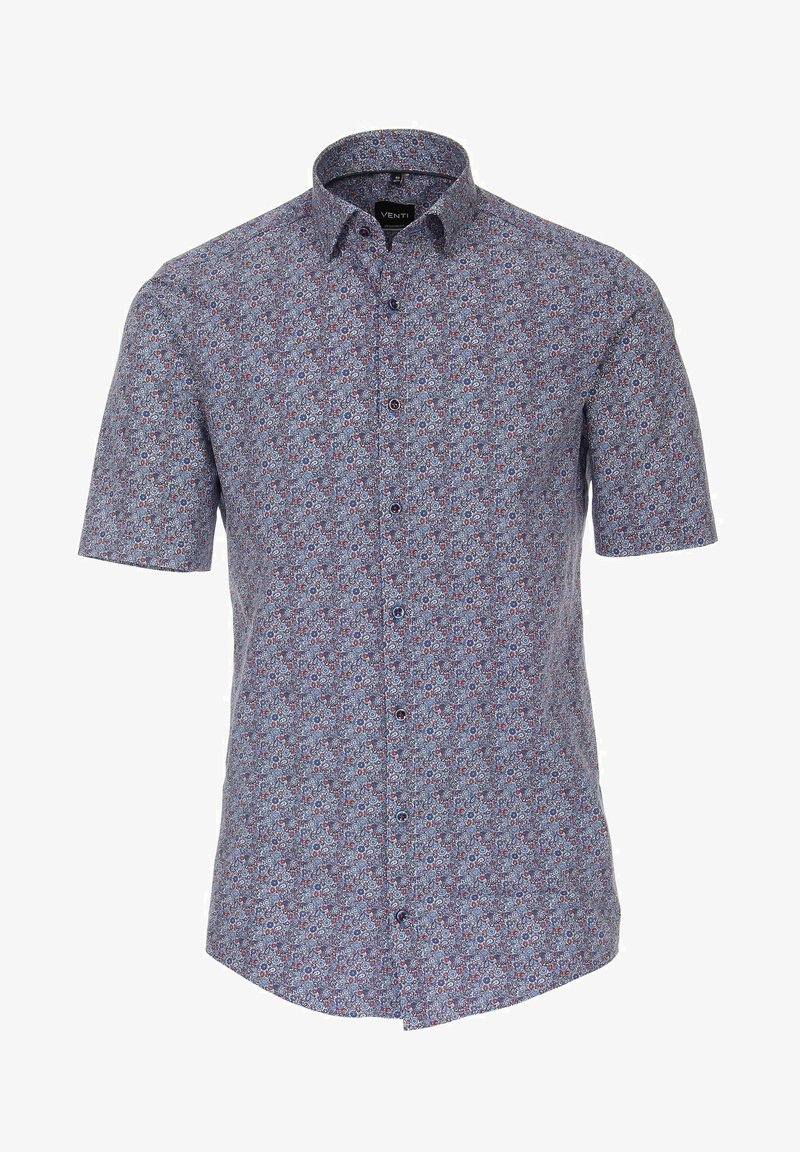 Košile s krátkým rukávem z modré bavlny s barevným květinovým vzorem, zapínání na knoflíky a špičatý límec.