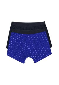 Zwei Paar Herren-Boxershorts: eine navyblaue mit einfarbigem Design und eine royalblaue mit einem kleinen weißen Blumenmuster. Beide haben elastische Taillenbunde.