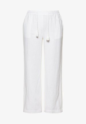 White linen pants with an elastic waistband and drawstring, featuring two side pockets and a loose, straight leg design.