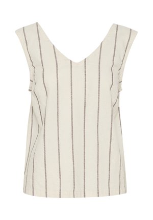 V-neck top in light beige with vertical brown stripes. Designed with wider shoulders and a relaxed fit. Textured fabric with soft drape.