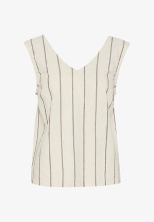 V-izrez srajca v svetlih bež tonih z navpičnimi rjavimi črtami. Zasnovana z širšimi rameni in sproščenim krojem. Teksturirana tkanina z mehkimi gubami.