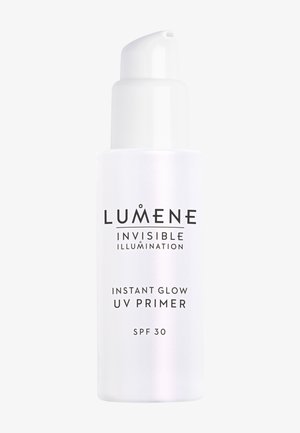 Lumene Invisible Illumination Instant Glow UV Primer bottle with pump, labeled SPF 30, on a plain white background.