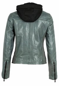 Leather jacket in muted teal, features a black hood, zippered cuffs, and textured side panels, showcasing a sleek cut and smooth finish.