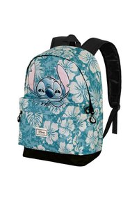 Mochila azul con un patrón floral y el diseño de Stitch. Cuenta con un bolsillo frontal, correas ajustables y un panel inferior negro.