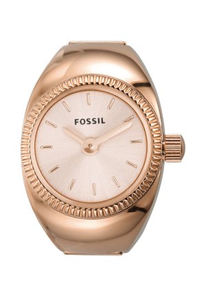 Orologio da polso Fossil in oro rosa con quadrante minimalista, senza numeri e due lancette che segnano le 10:10, con ghiera zigrinata e corona a destra.