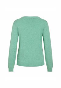 Suéter verde claro visto desde la parte de atrás, con mangas largas y un dobladillo acanalado, adecuado para un uso casual o cómodo.