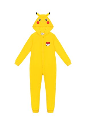 Gelber Einteiler mit Kapuze, der das Gesicht und die Ohren von Pikachu sowie ein Pokeball-Symbol auf der Brust zeigt.