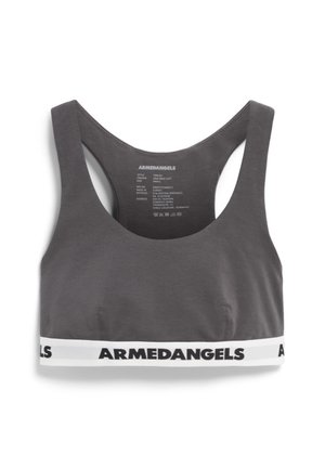 Grauer Sport-BH mit Racerback-Design. Verfügt über einen weißen Bund mit schwarzer Schrift auf der Unterseite. Hergestellt aus Bio-Baumwolle.