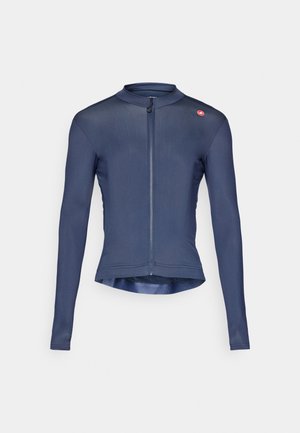 Navy blue long-sleeve cycling jersey with front zipper and small red logo on left shoulder, designed for a slim fit.