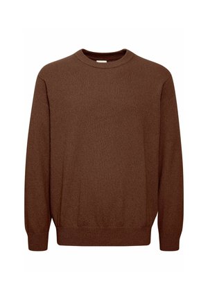 Smeđi pleteni pulover s okruglim izrezom, dugim rukavima te rebrastim manžetama i rubom. Smanjena tekstura s uniformnim dizajnom.