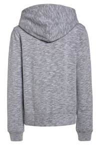 Gray hoodie in a textured fabric. Features a large hood, ribbed cuffs, and a straight hem. Simple design with no visible logos or accents.