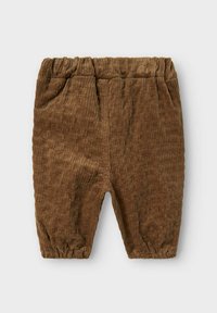 Bruine corduroy broek met een ribbelstructuur, elastische tailleband en gathered enkels. Ontworpen voor comfort en bewegingsvrijheid.