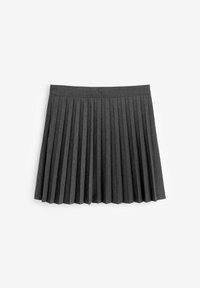 Jupe plissée en tissu gris foncé avec une taille lisse ; présente des plis plats verticaux pour texture et mouvement.