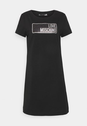 Zwart T-shirtjurk gemaakt van katoen, met een glitterende zilveren "LOVE MOSCHINO" opdruk aan de voorkant, korte mouwen en een ronde hals.
