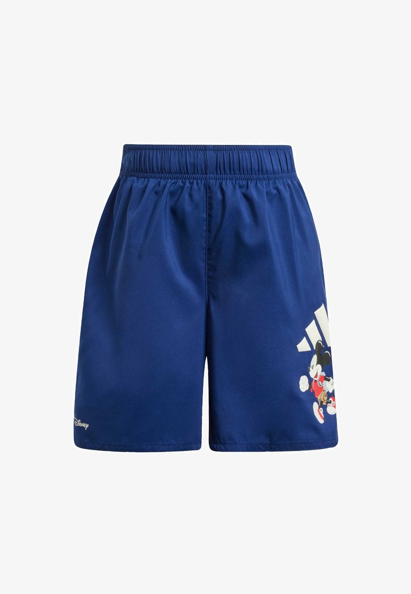 Shorts sportivi blu realizzati in tessuto liscio. Presentano un elastico in vita e una grafica di Topolino insieme a un logo bianco.