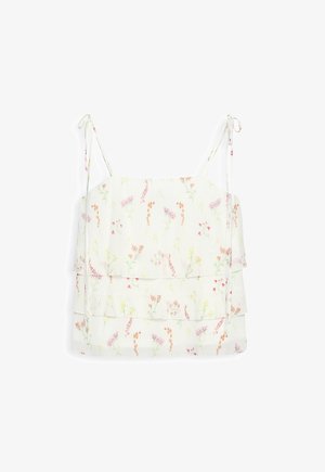 Blomstermønstret cami-top i let stof med justerbare tynde stropper, tiered ruffle design og pastelfarvede vilde blomstermønstre.